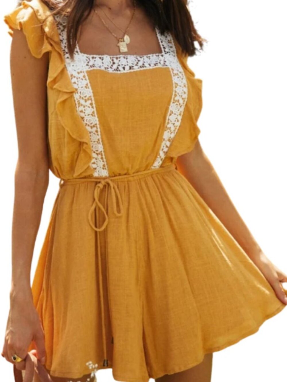 R67.‎ Women's Mustard Yellow Lace Trim Ruffle Romper